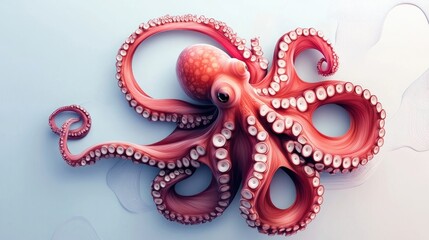 Obraz premium A vibrant red octopus with its tentacles curled up against a light blue background.