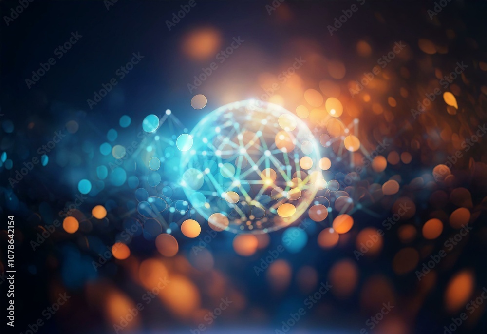 Poster glowing sphere with interconnected lines and dots on dark blue background.