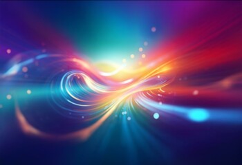 Abstract swirling light streaks of blue and orange create an energetic and futuristic design.