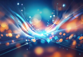 Fototapeta premium Abstract digital artwork featuring blue and white glowing lines with sparkling lights on a dark blue background.