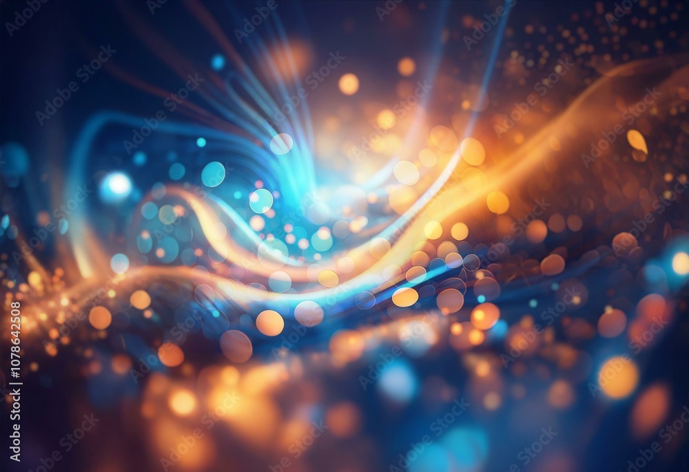 Poster Abstract background with blue and orange flowing lines and bokeh lights.