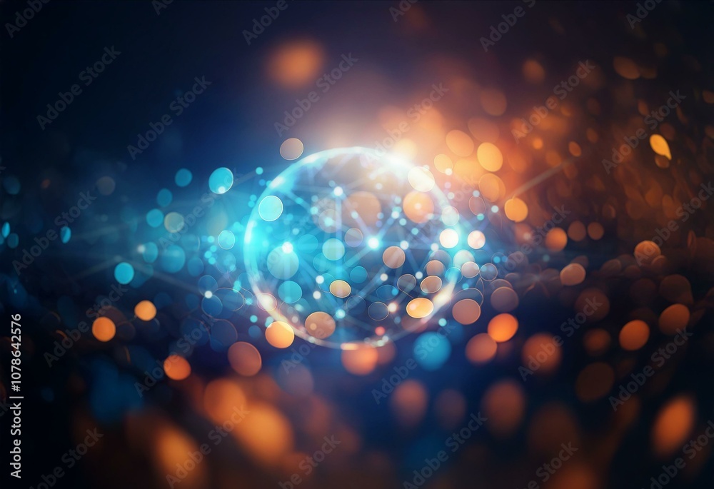 Poster a glowing blue sphere with a wireframe structure against a dark background.