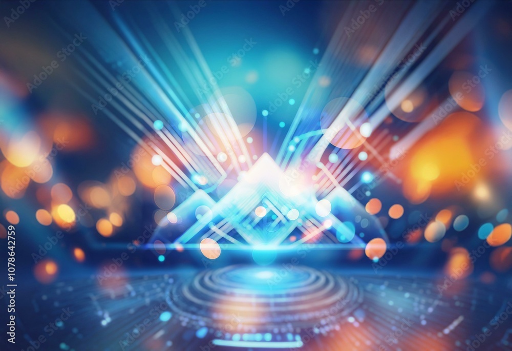 Poster abstract blue and white lines converging on a platform with a glowing center against a dark backgrou