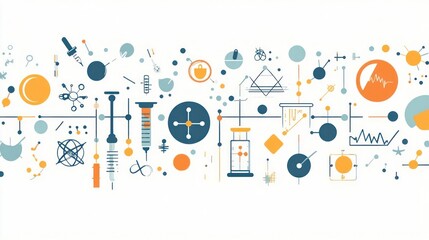 Abstract illustration of science and research with icons of syringes, vials, and data.