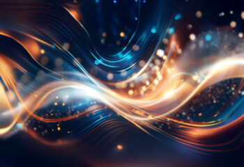 Obraz premium Abstract background with glowing blue and orange lines and bokeh lights.