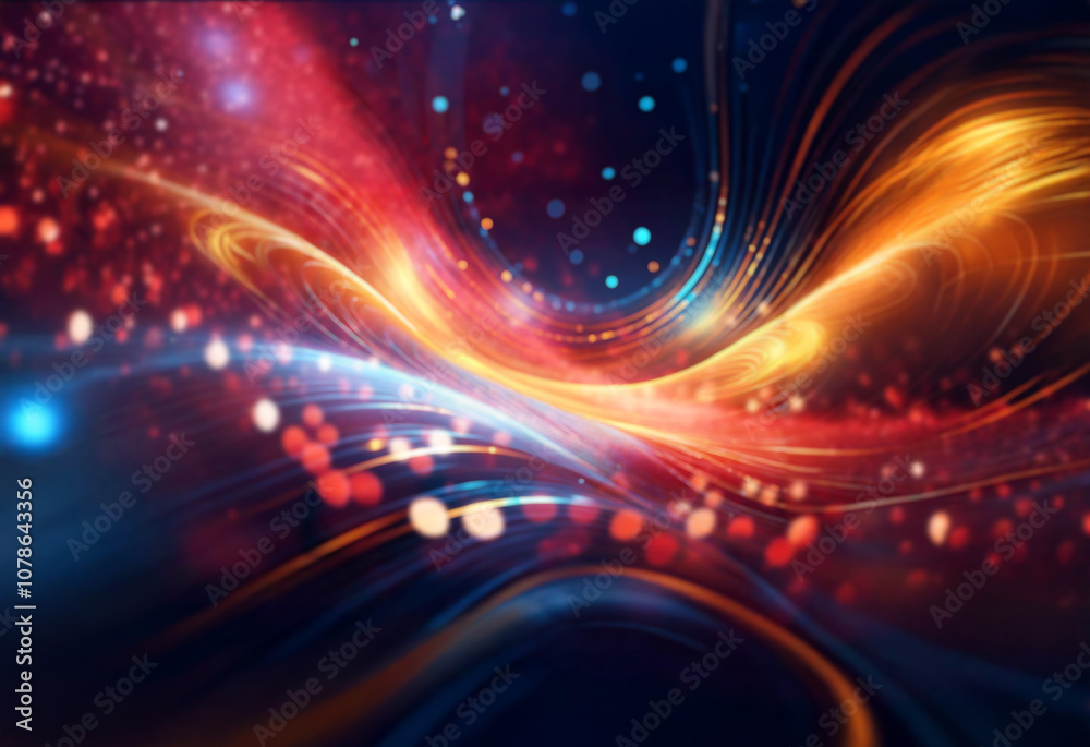 Aufkleber Abstract glowing lines of blue and orange swirl on a dark background with blurred bokeh lights.
