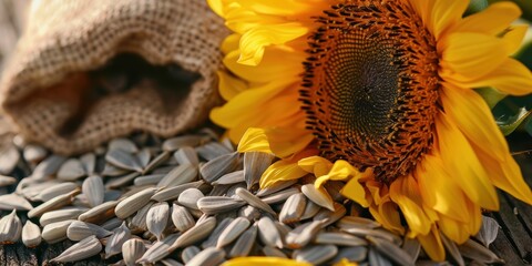 Closeup of seeds and a sunflower on a table, highlighting organic food, agricultural harvests, and sustainable practices in the service industry