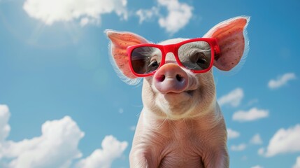 Pig wearing sunglasses. Relaxation and enjoyment of a carefree lifestyle