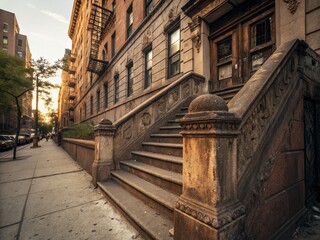 Fototapeta premium Vintage Style Photography of a Concrete Building with Stairs Showcasing Architectural Details and Textures in an Urban Environment
