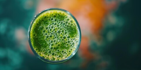 Birds-eye view of a healthy beverage, featuring a fruit smoothie or green juice, ideal for breakfast or weight loss. A morning wellness drink or detox cocktail in a kitchen setting