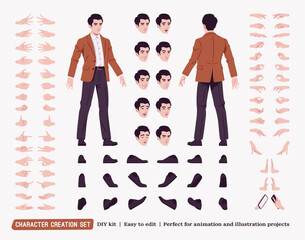 Handsome businessman wearing brown blazer suit jacket guy DIY character creation set, body figure parts, shoes. Head, leg, hand gestures, different emotions, construction kit. Vector illustration