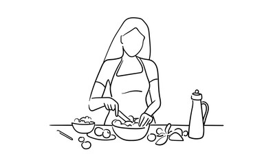 Woman cooking continuous line art drawing isolated on white background. Vector illustration