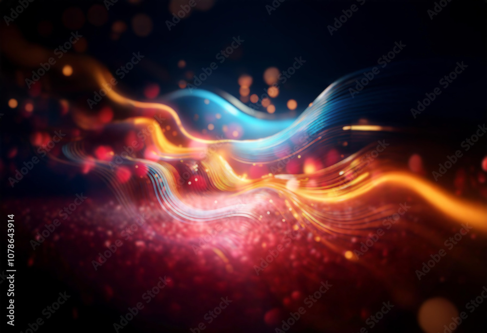 Aufkleber abstract blue and orange light waves with bokeh and a dark background.