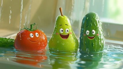 Happy Cartoon Fruits in Water