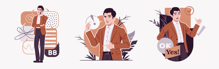 Business speaker busy communication, explaining strategy, corporate conversation chat, showcasing talk, modern design for art magazine, blog, graphic advertisement, digital social media illustration s