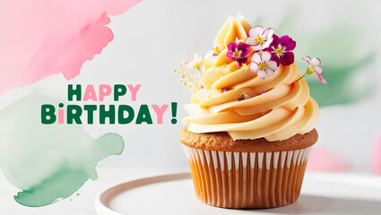 A Floral Birthday Cupcake: A beautiful and delicate cupcake topped with fresh flowers. Happy Birthday. Illustration. Photo. 2
