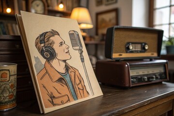 Vintage Style Photography of a Hand-Drawn Illustration Featuring a Man with Headphones and Microphone, Perfect for Podcast and Radio Host Branding in a Studio Environment