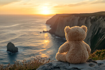 Back view of a teddy bear sitting on a stone and looking at the sea with a sunset sky in the background, Generative AI