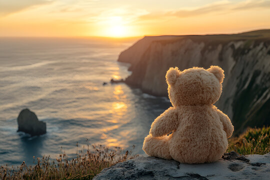 Back view of a teddy bear sitting on a stone and looking at the sea with a sunset sky in the background, Generative AI