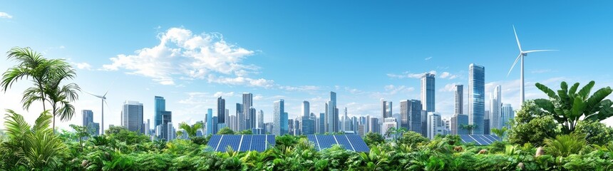 Obraz premium Eco-city with green energy solutions, wind turbines, and solar panels, blending nature and technology.
