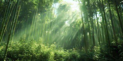 Bamboo and plants in a sustainable environment, featuring an outdoor landscape with a reed forest and lush foliage, ideal for peaceful travel and exploration in nature