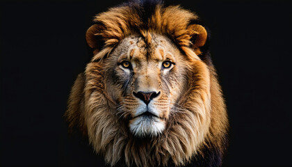 Fototapeta premium A lion stares intently at the camera, its golden mane framing its face against a black background