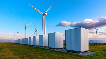 This aerial view shows the green energy storage facility surrounded by wind farms and solar fields.