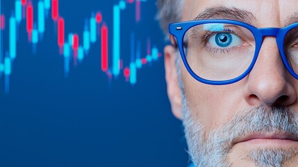 On a digital screen, a businessman observes economic trends reflecting the anxiety in financial markets and the volatility of the market