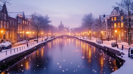 Obraz premium A picturesque view of a canal in a European city covered in snow with streetlights reflecting in the water.