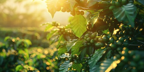 Agricultural scenery featuring plants and a coffee bean farm in a natural setting, highlighting fields and meadows for farming and harvest