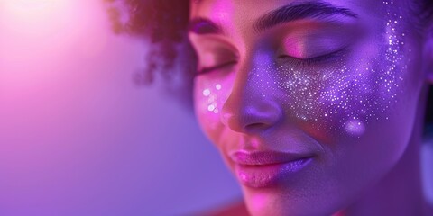 Fototapeta premium Analysis of skincare, holographic display, and a womans face in a studio focused on anti-aging wellness, beauty, and facial care with a scan overlay for cosmetics on a purple background