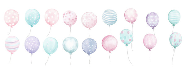 Set of watercolor hand drawn pastel balloon isolated on white background. Balloons watercolor for a Valentine's Day card or a romantic postcard.
