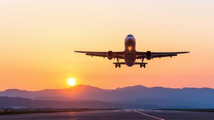 Fototapeta premium Airplane in flight during sunset with beautiful landscape backdrop.