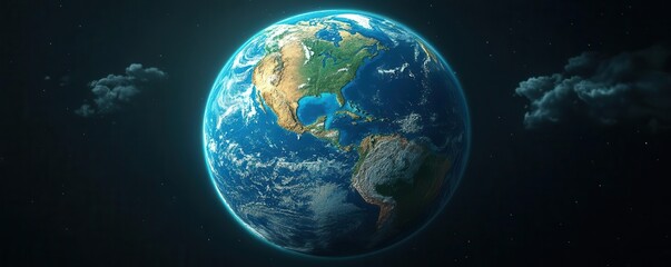 Fototapeta premium A vibrant depiction of Earth viewed from space, showcasing its continents, oceans, and atmospheric clouds against a dark backdrop.