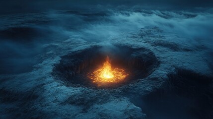 Fototapeta premium Fiery Crater in a Foggy Landscape