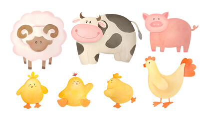 Set of cute farm animals and birds. sheep, cow, chickens, pig collection. hand drawn watercolor illustrations isolated on white background. clip art and cut out element design