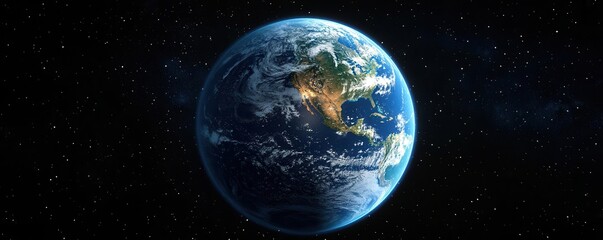 Obraz premium A stunning view of Earth from space, showcasing its blue oceans, landmasses, and the vastness of the starry universe surrounding it.