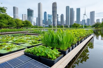 Fototapeta premium In an urban park with rooftop solar panels and wind turbines at sunset, sustainable energy solutions are displayed.