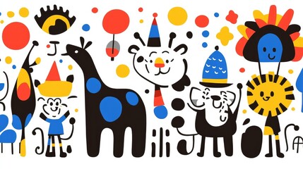 Colorful Whimsical Animal Group Illustration