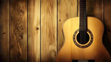 Classical guitar with nylon strings, set on a dark wood background, featuring light brown wood with...