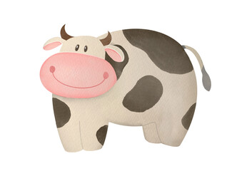 Cute watercolor cow. Hand drawn illustration isolated on white background. Funny Farm animal for children, clip art and cut out element design