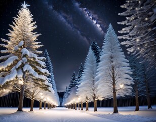 A snowy path lined with illuminated Christmas trees at night