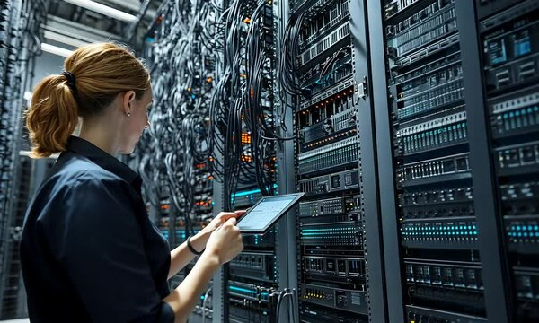 A woman interacts with a tablet while examining a complex server rack in a data center, showcasing technology and data management.