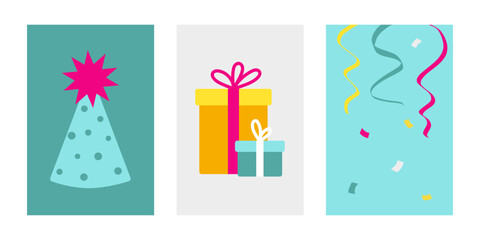 Party celebration cute posters, greeting cards, banners set. Presents, party hat, confetti in a cartoon flat style.