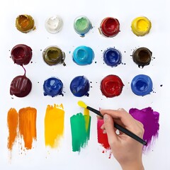 The hand holding the brush is surrounded by bright and varied colors.