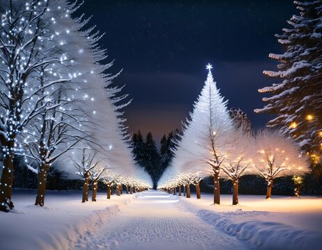 A snowy path lined with illuminated Christmas trees at night