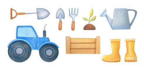 cute gardening tools set. Spring elements tractor shovel, rake, watering can, rubber boots, bucket, scoop, greenery. collection of hand drawn watercolor illustrations isolated on white background © Kisandaya