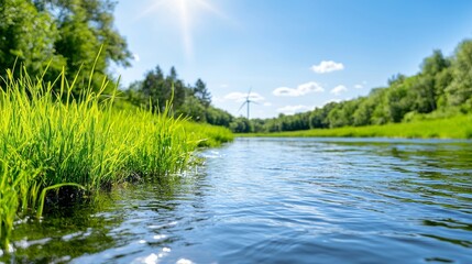 Obraz premium A low-angle wind turbine against a blue sky. Renewable energy concept. A sunny day and almost clear skies.