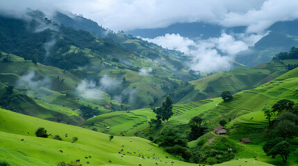 Naklejka premium Hilly landscape with lush greenery