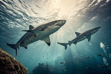 Fototapeta premium Vintage Style Photography of Graceful Sharks in Deep Blue Water, Capturing Dramatic Moments with Double Exposure Silhouette and Ample Copy Space for Bold Visual Impact